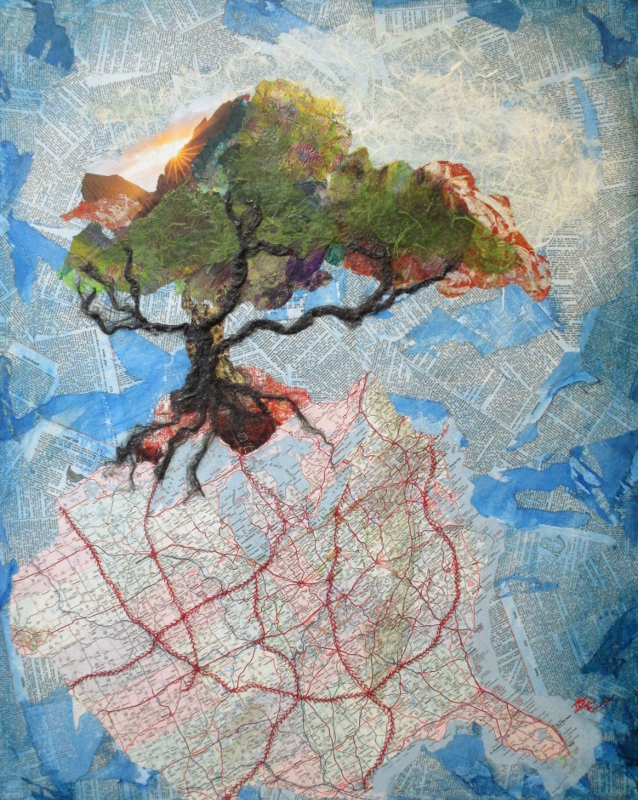 Roots and Roads 1, collage by Karen Koch